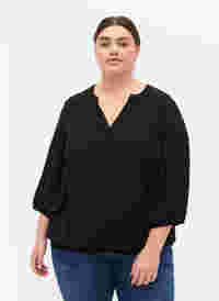 Bluse med smock og 3/4 ærmer, Black, Model