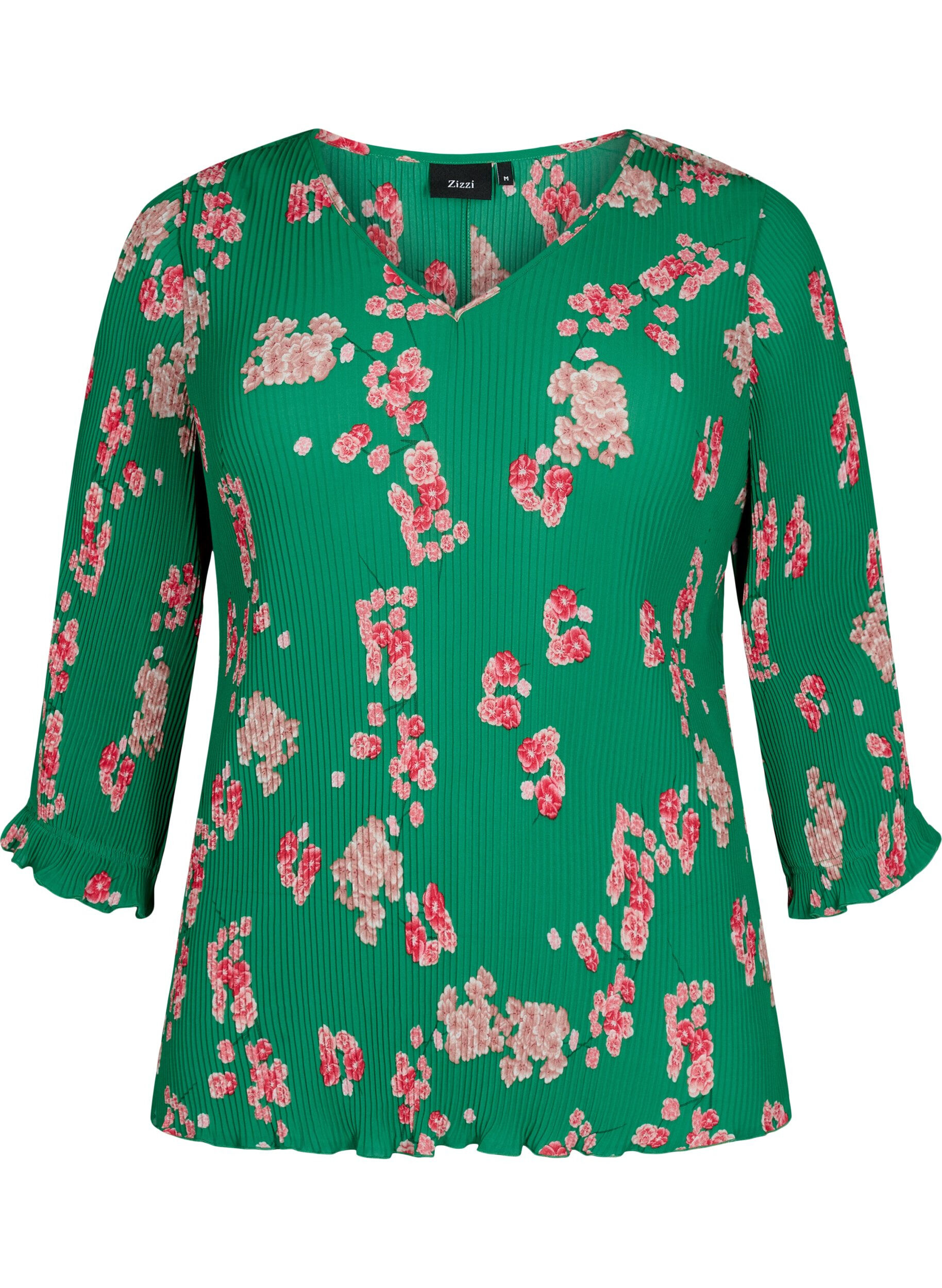 Zizzi Plisseret bluse med 3/4 &aelig;rmer, Jolly Green Flower, Packshot image number 0