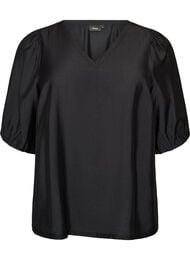 Viskosebluse med V-udsk&aelig;ring, Sort