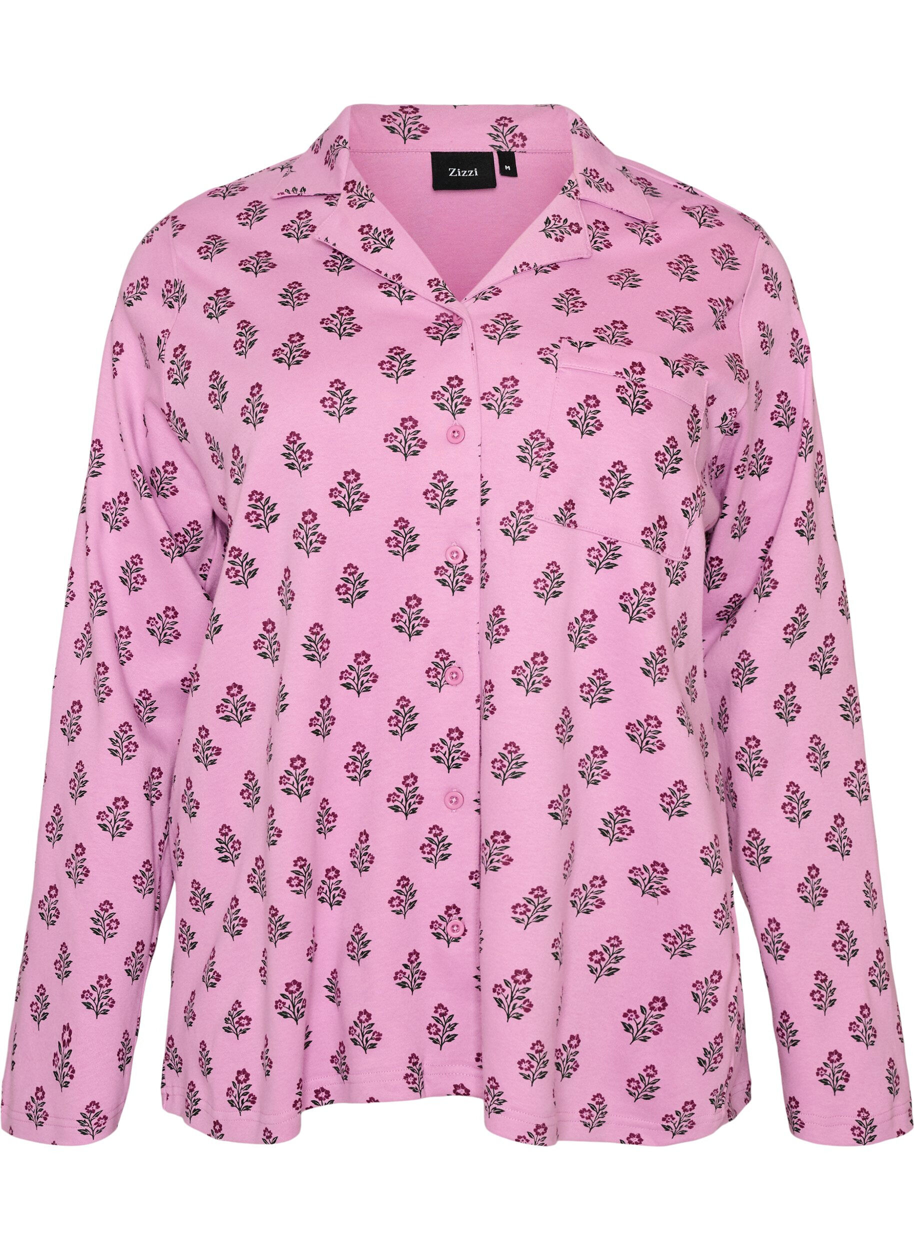 ZizziBomulds pyjamas-skjorte med brystlomme, Lyser&oslash;d, Packshot image number 0