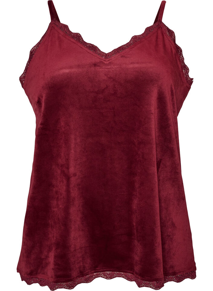 Velourtop med blondekanter, R&oslash;d, Packshot image number 0