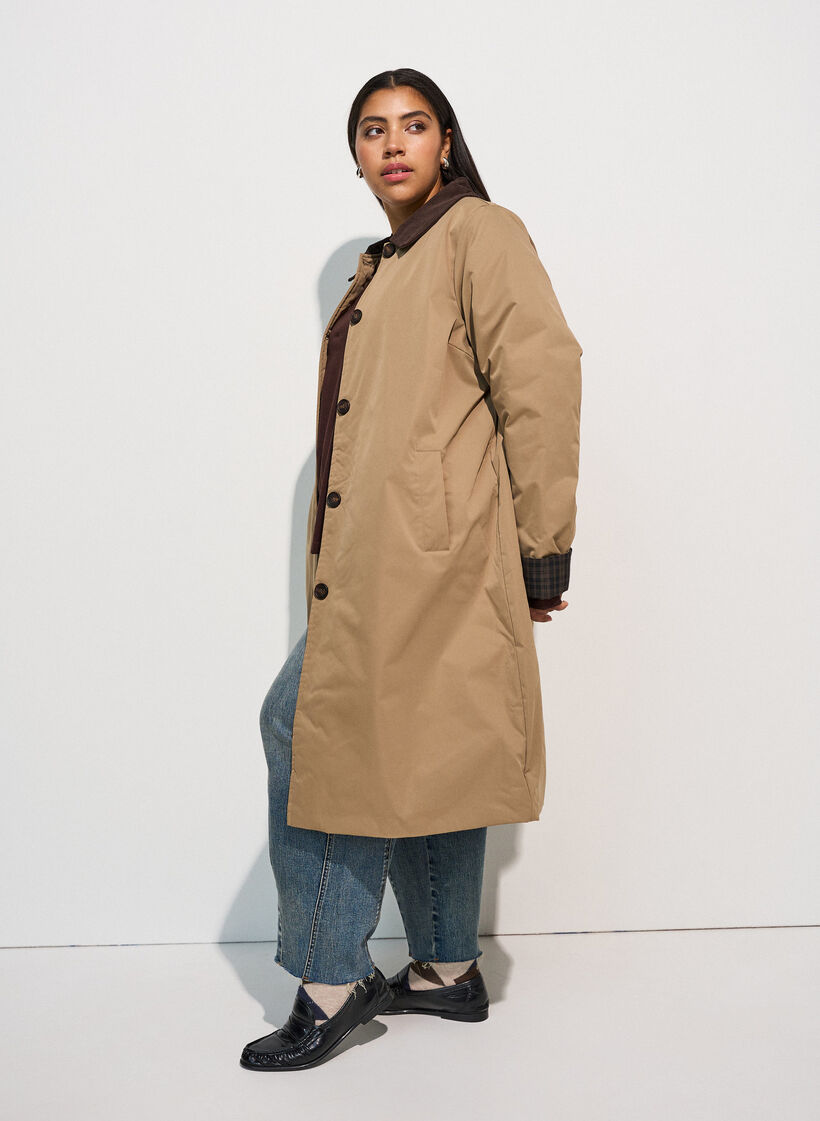 Mellemlang jakke med fl&oslash;jlskrave, Beige, Model