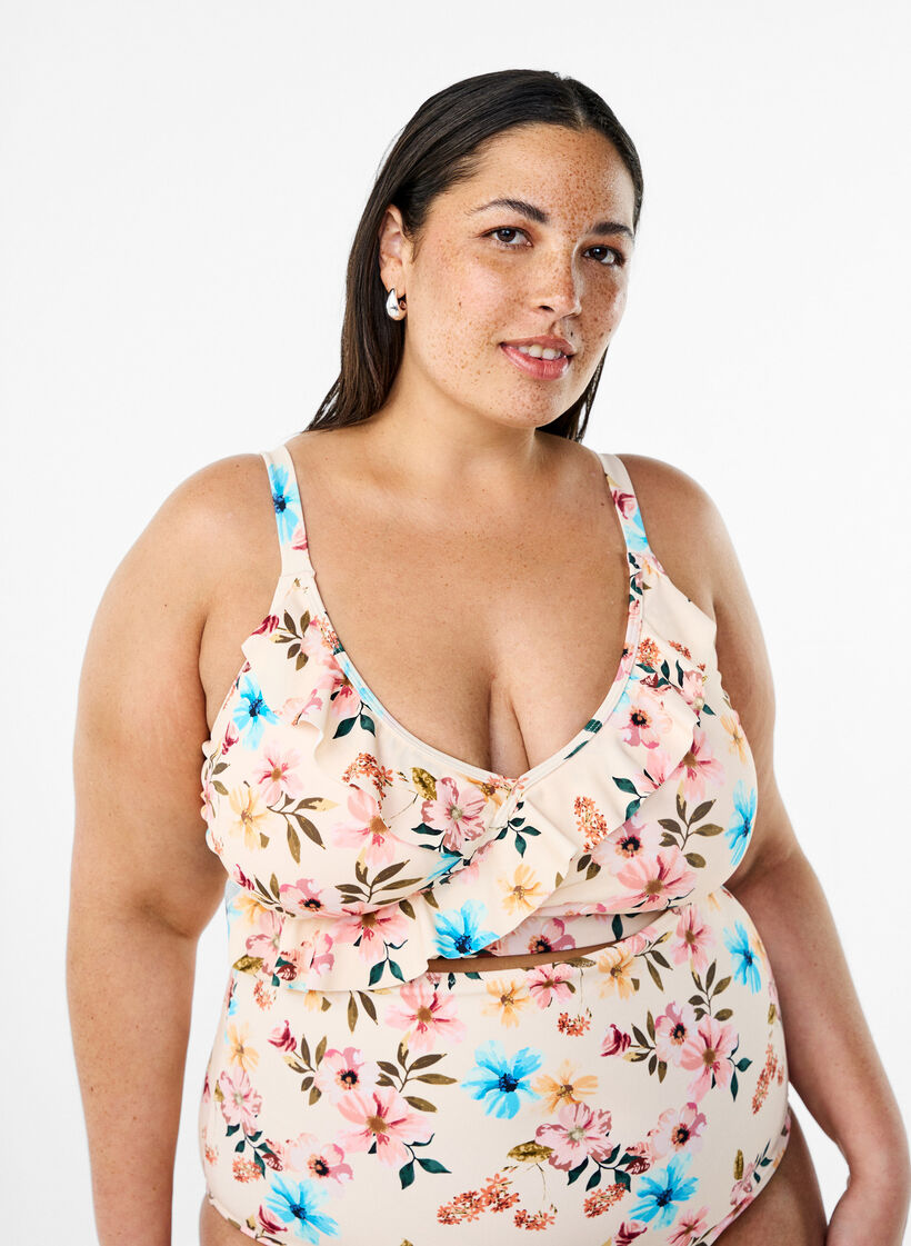 Blomstret bikini bh med fl&aelig;sedetaljer, Beige, Model image number 0