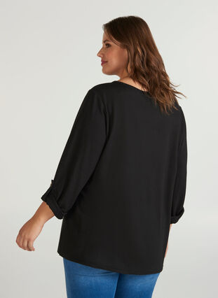 Bluse med 3/4 ærmer og lynlås, BLACK, Model image number 0
