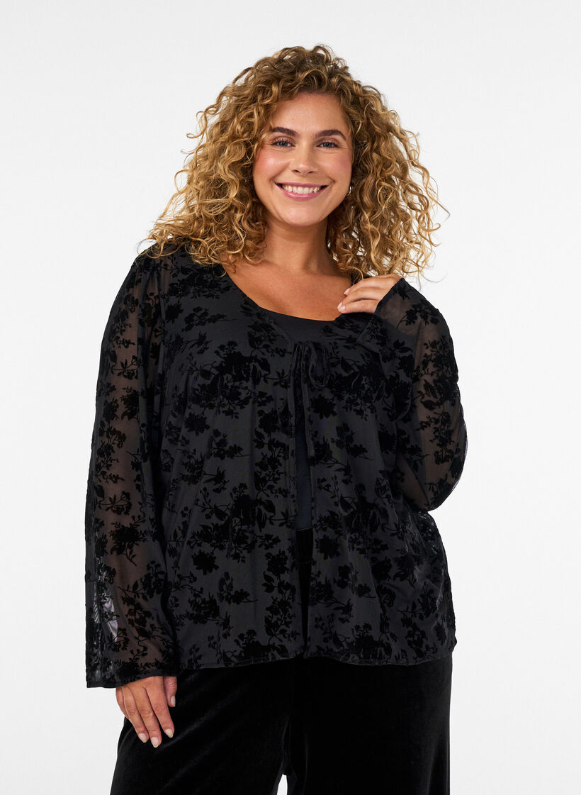 Meshbluse med blomsterm&oslash;nster og &aring;ben front, Sort, Model image number 0