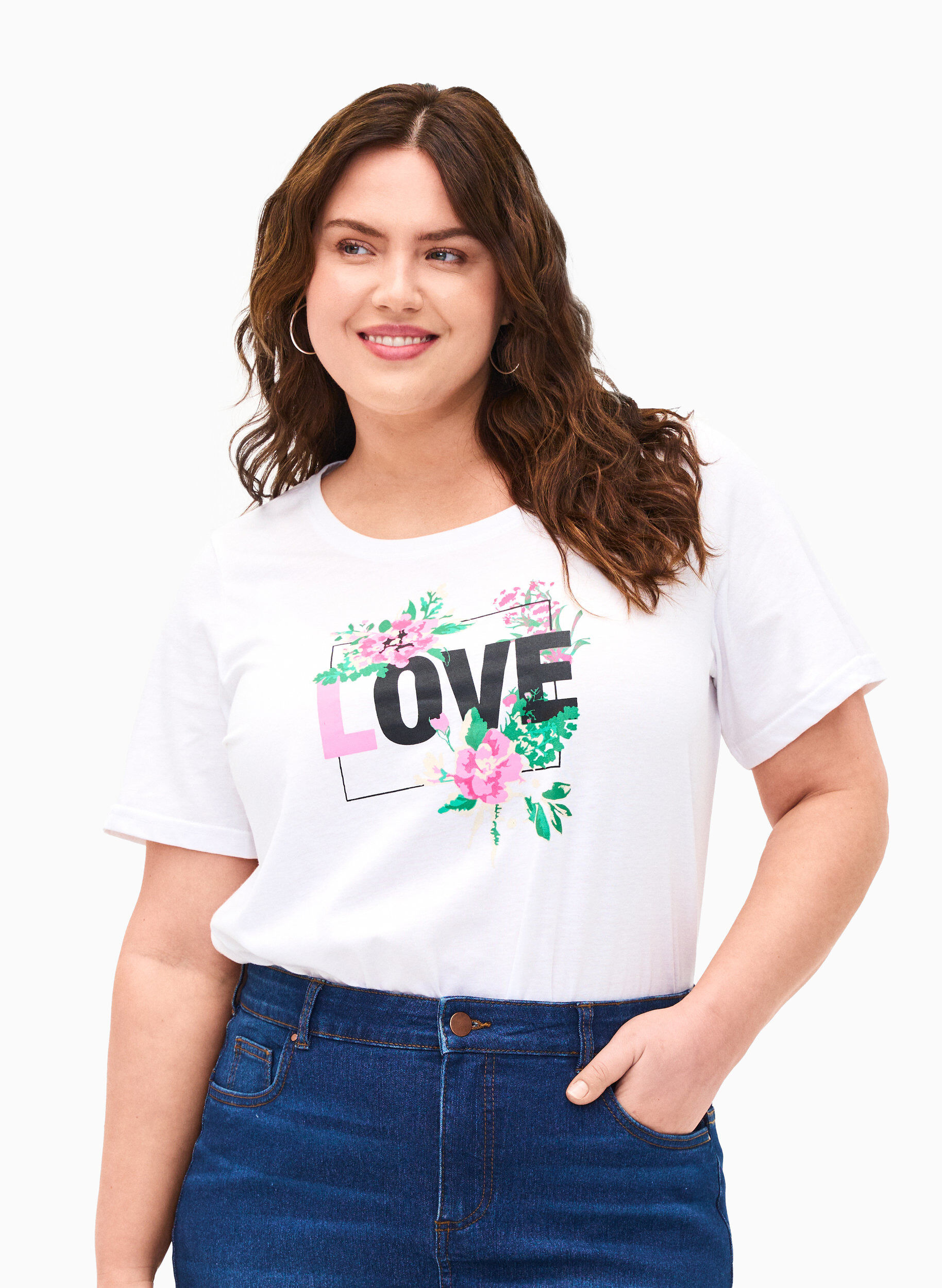 Zizzi FLASH - T-shirt med motiv, Bright White Love, Model image number 0
