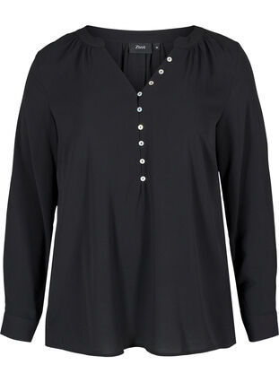 Langærmet bluse med v-udskæring og knapper, Black, Packshot image number 0