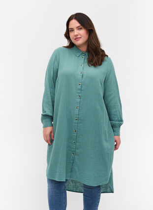 Lang bomulds skjorte med en klassisk  krave, Sagebrush Green, Model image number 0