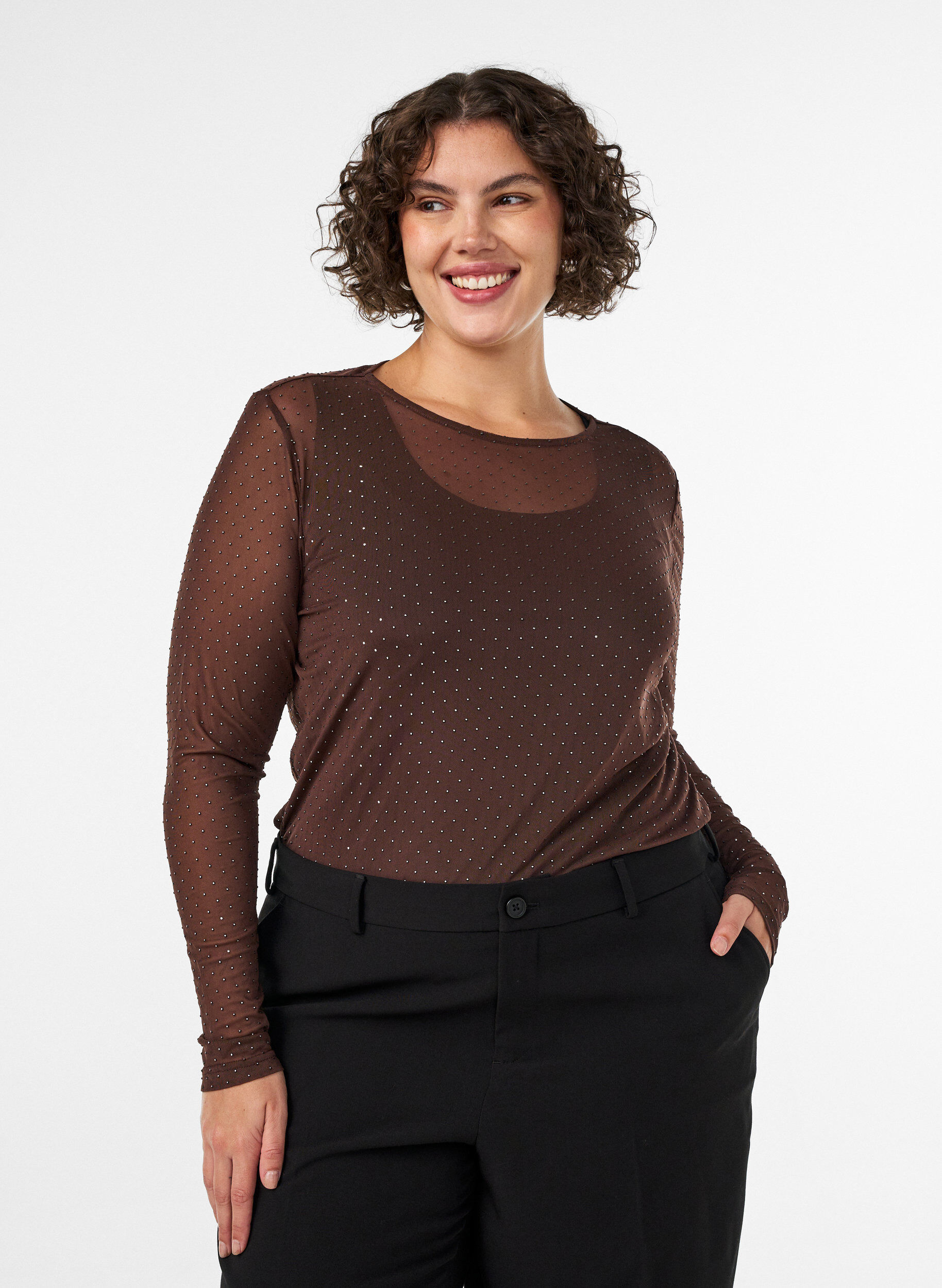 Transparent meshbluse med rhinsten, Brun, Model