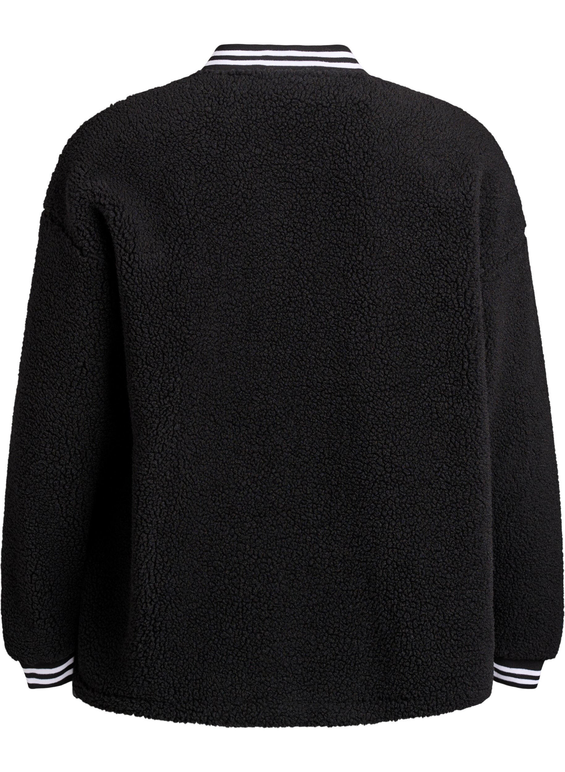 Zizzi Teddy-fleece jakke med stribedetaljer, Sort, Packshot image number 1