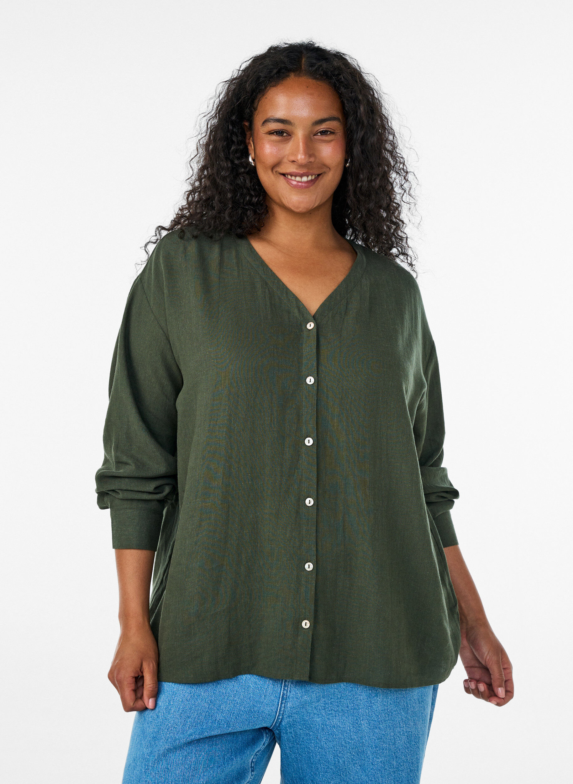 Bluse i h&oslash;r og viskose med V-udsk&aelig;ring, Gr&oslash;n, Model