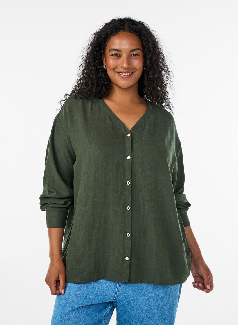 Bluse i h&oslash;r og viskose med V-udsk&aelig;ring, Gr&oslash;n, Model image number 0