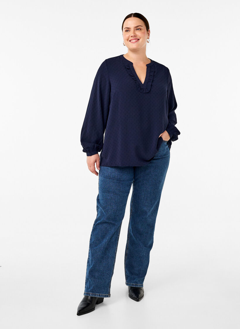 Langærmet bluse med struktur, Navy Blazer, Model image number 2