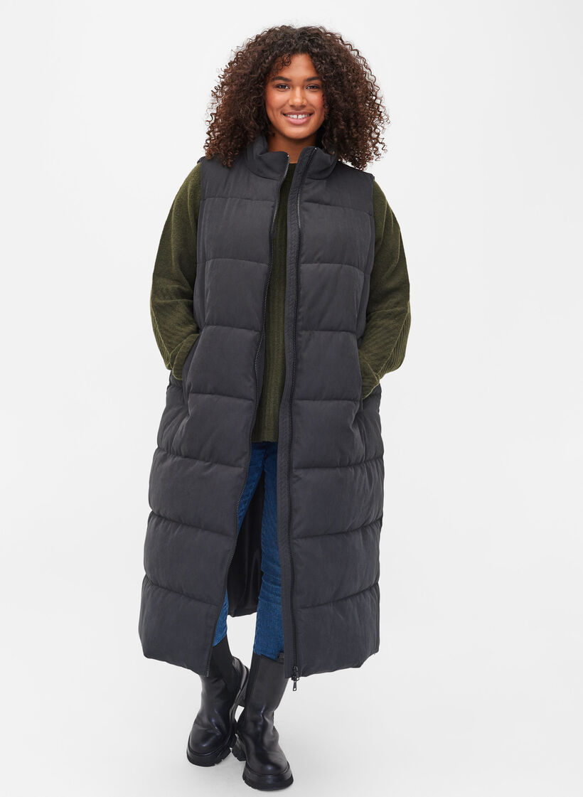 Lang vest med høj krave og lommer, Black, Model image number 0