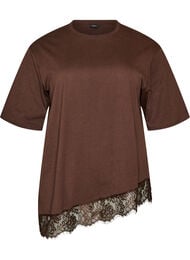 T-shirt med asymmetrisk blondekant, Brun