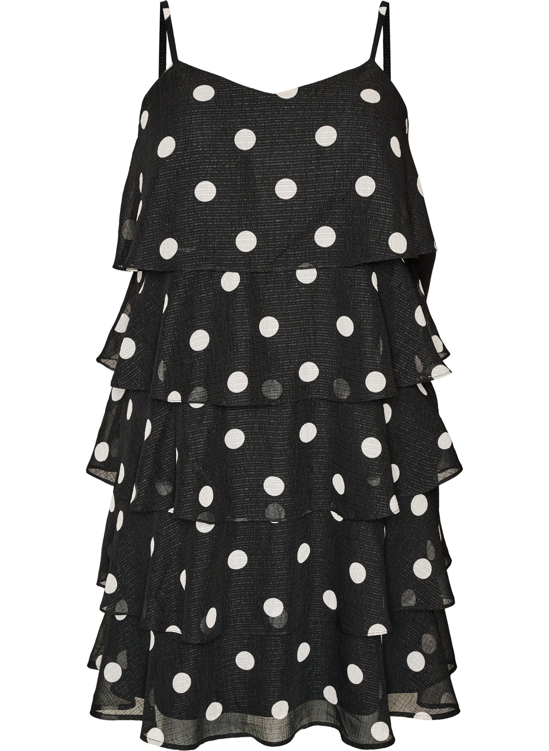 ZizziLagdelt kjole med fl&aelig;sevolanter og spaghettistropper, Sort, Packshot image number 0