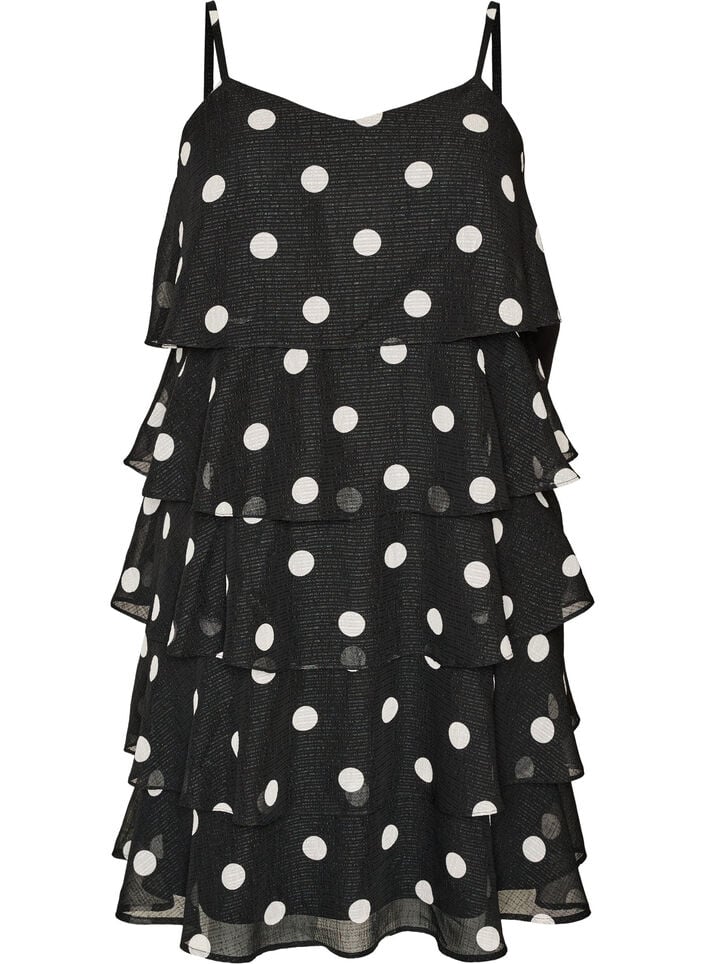 Lagdelt kjole med fl&aelig;sevolanter og spaghettistropper, Sort, Packshot image number 0
