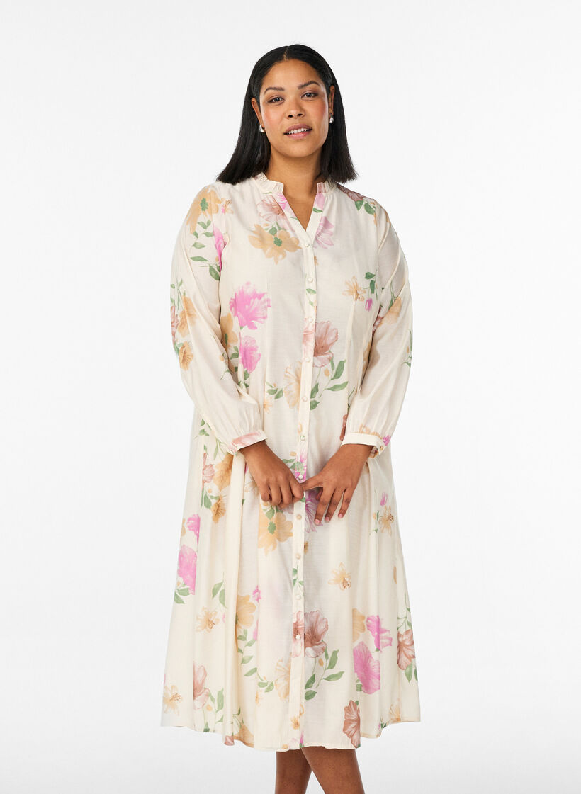 Blomstret midikjole med fl&aelig;sekrave og knaplukning, Beige, Model image number 0