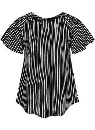 Stribet viskose bluse med korte ærmer, Black/ White Stripe, Packshot image number 1