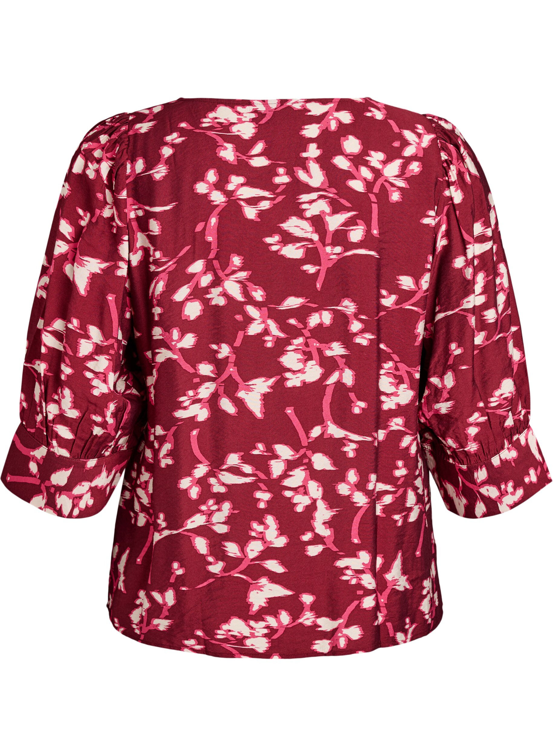 Zizzi Bluse med V-udsk&aelig;ring og 3/4-&aelig;rmer, R&oslash;d, Packshot image number 1
