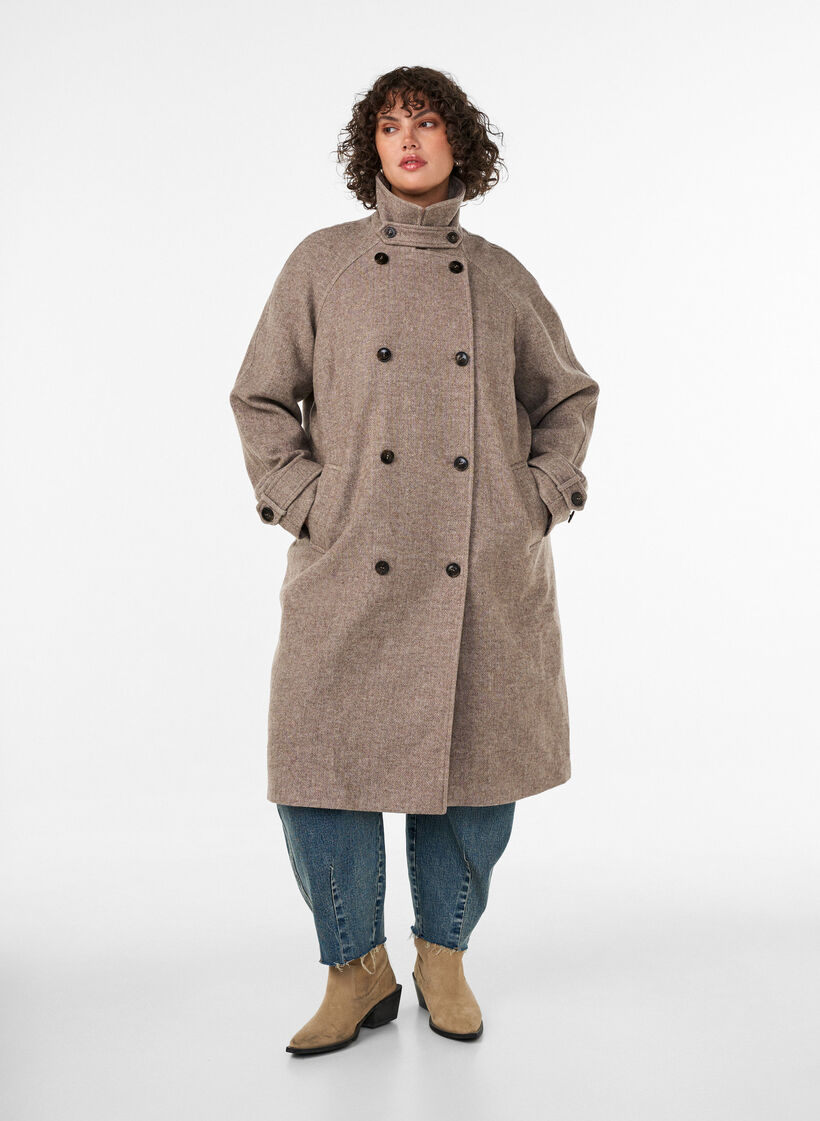 Lang uldfrakke med h&oslash;j krave og dobbeltradet design, Brun, Model image number 0