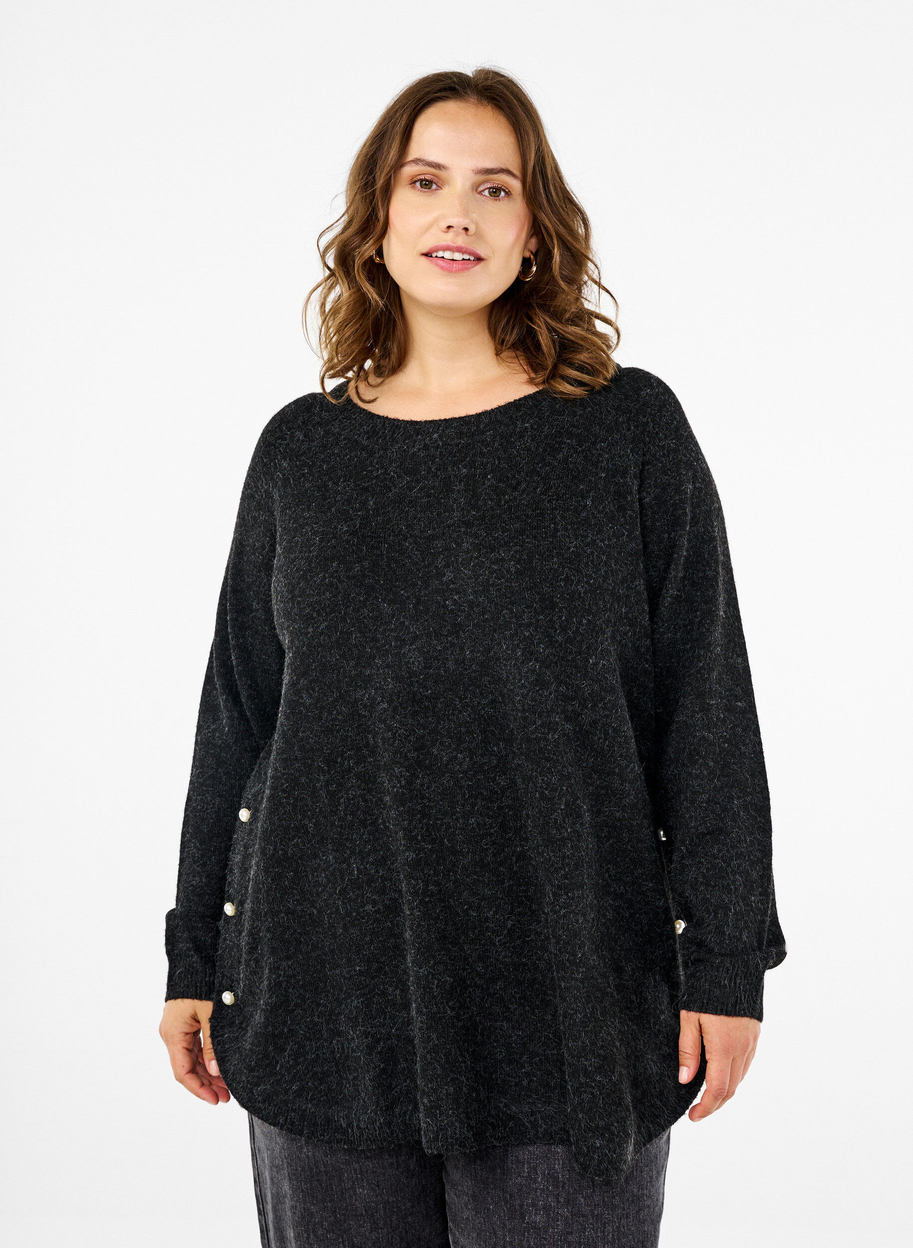 Zizzi Strikbluse med perledetaljer, Dark Grey Melange, Model image number 0