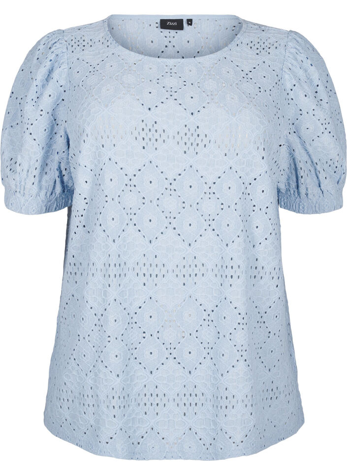 Kortærmet bluse med hulmønster, Cashmere Blue, Packshot image number 0
