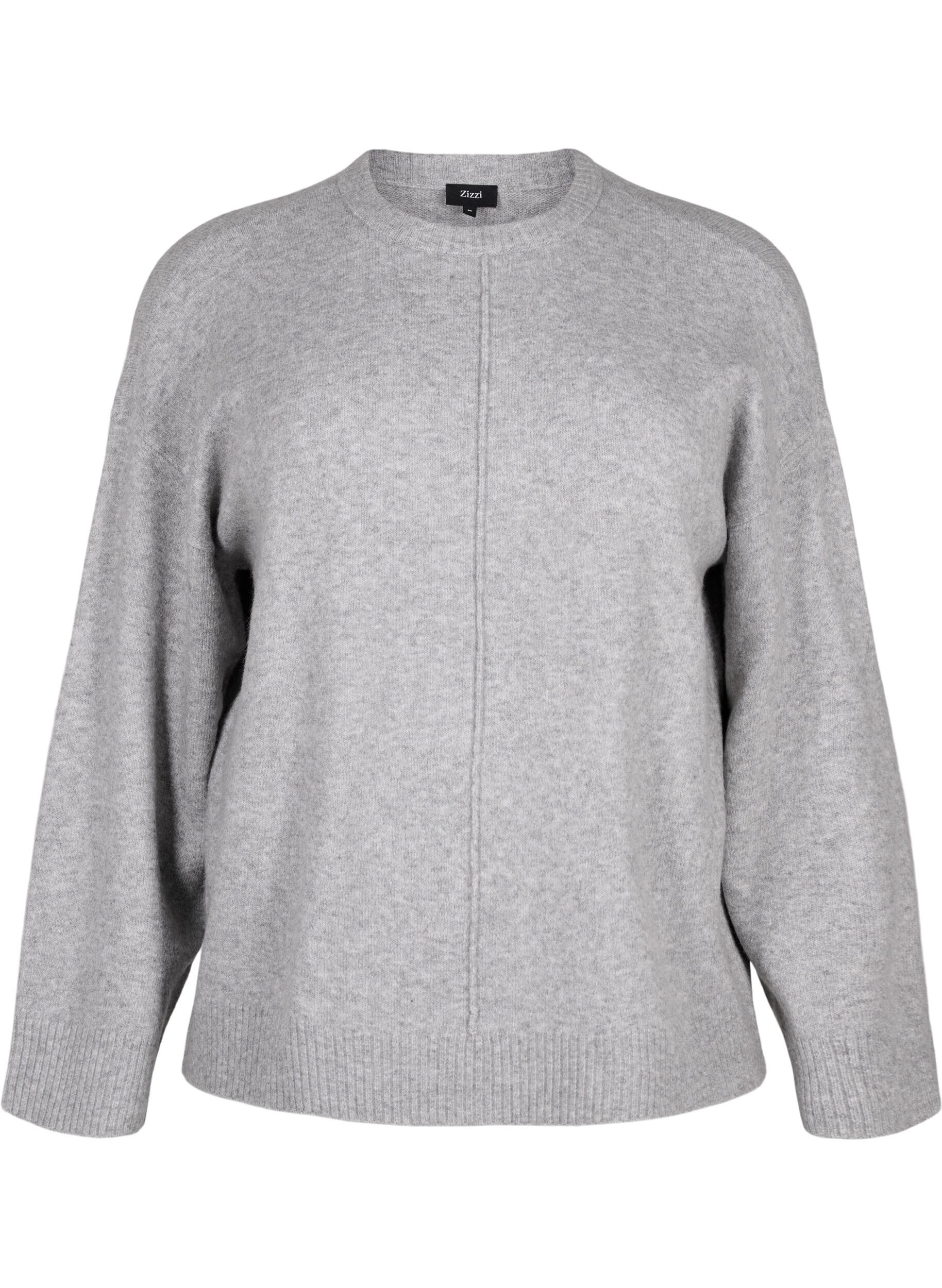 Zizzi Strikbluse med rund hals og midters&oslash;m, Light Grey Melange, Packshot image number 0