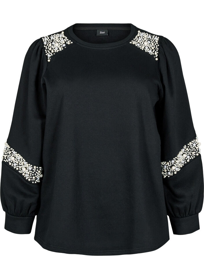 Sweatshirt med perledetaljer, Black, Packshot image number 0