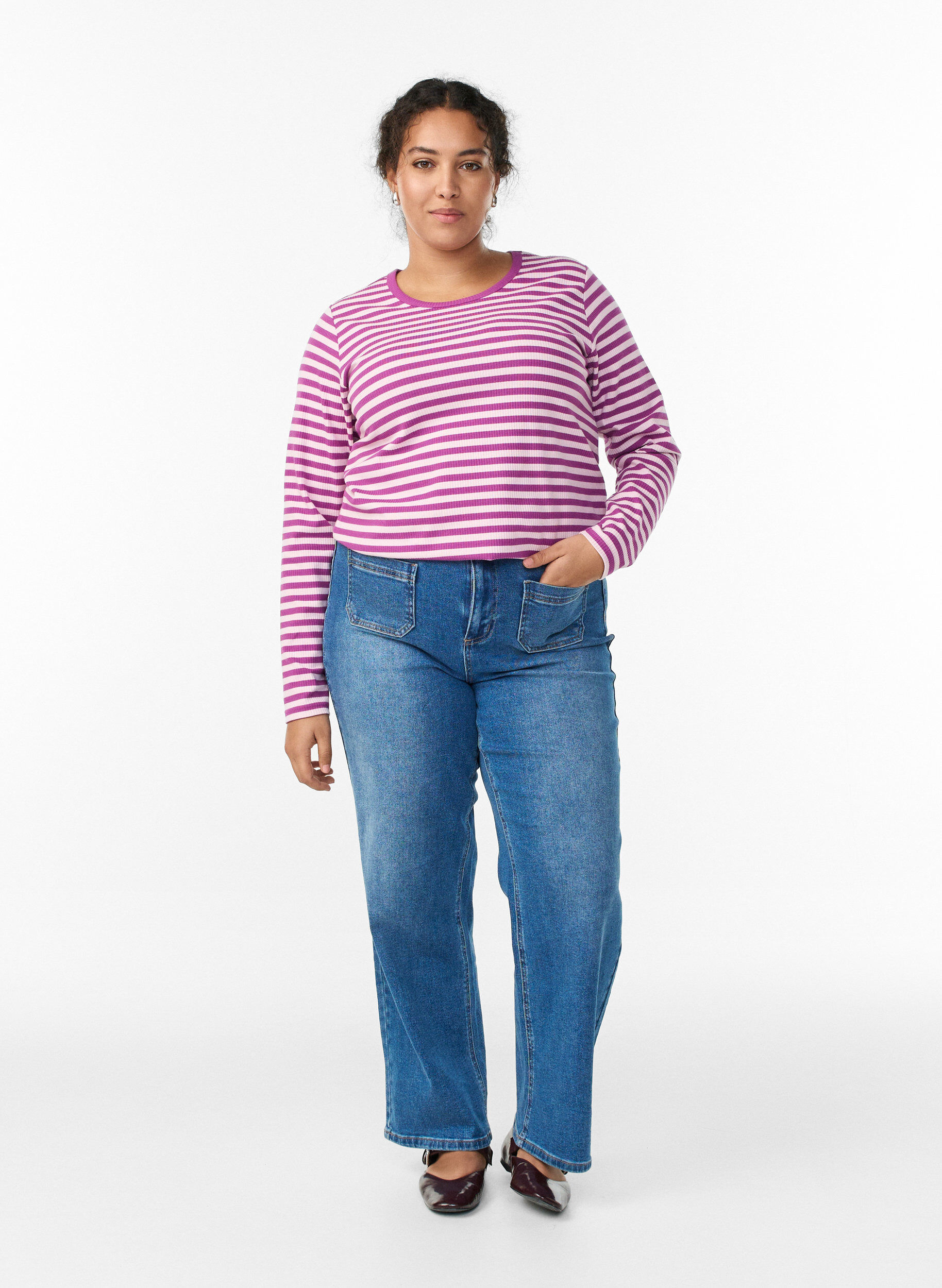ZizziStribet bluse med lange &aelig;rmer, Lilla, Model image number 1