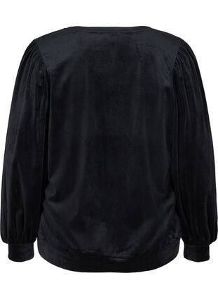 Velour bluse med lange pufærmer, Black, Packshot image number 1