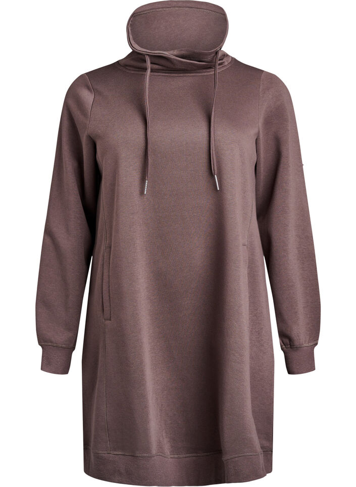 Kort sweatkjole med h&oslash;j krave og lommer, Brun, Packshot image number 0