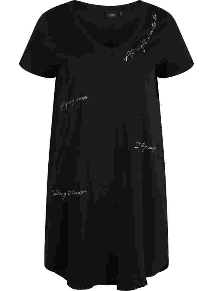 Kortærmet bomulds natkjole med print, Black Silv Foil Text, Packshot image number 0