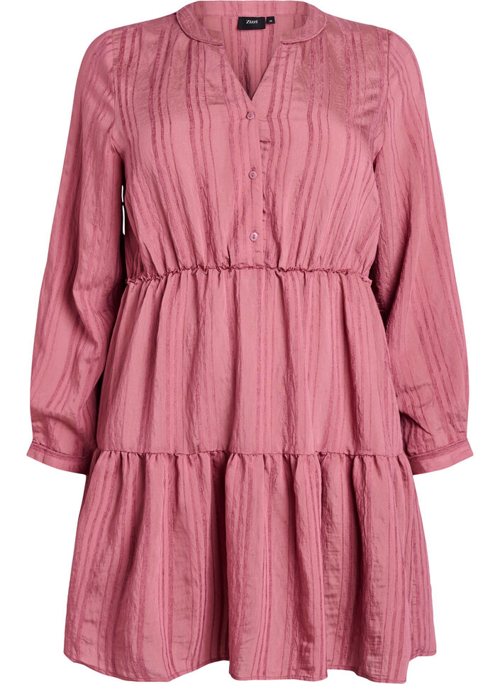 Kort kjole med vævet stribestruktur og elastisk talje, Lyserød, Packshot image number 0