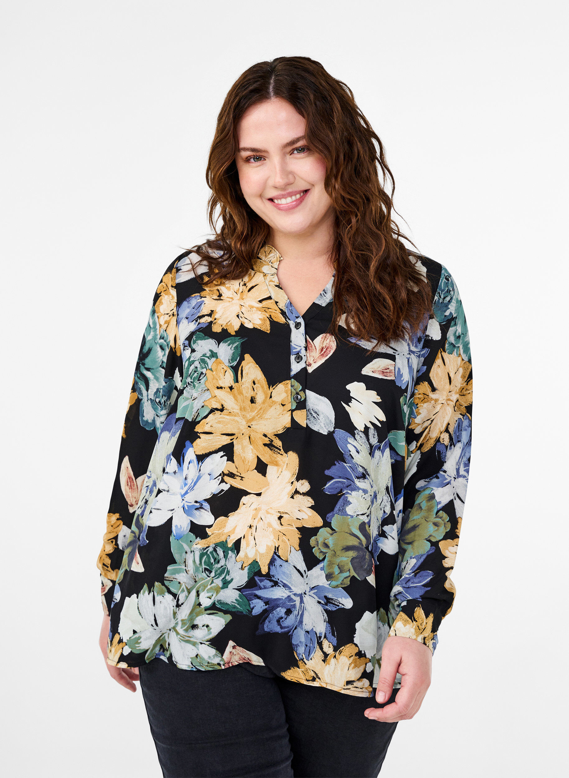 Zizzi Lang&aelig;rmet bluse med blomsterprint, Yellow Flower AOP, Model image number 0