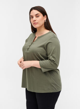 Bomulds bluse med 3/4 ærmer, Agave Green, Model image number 0