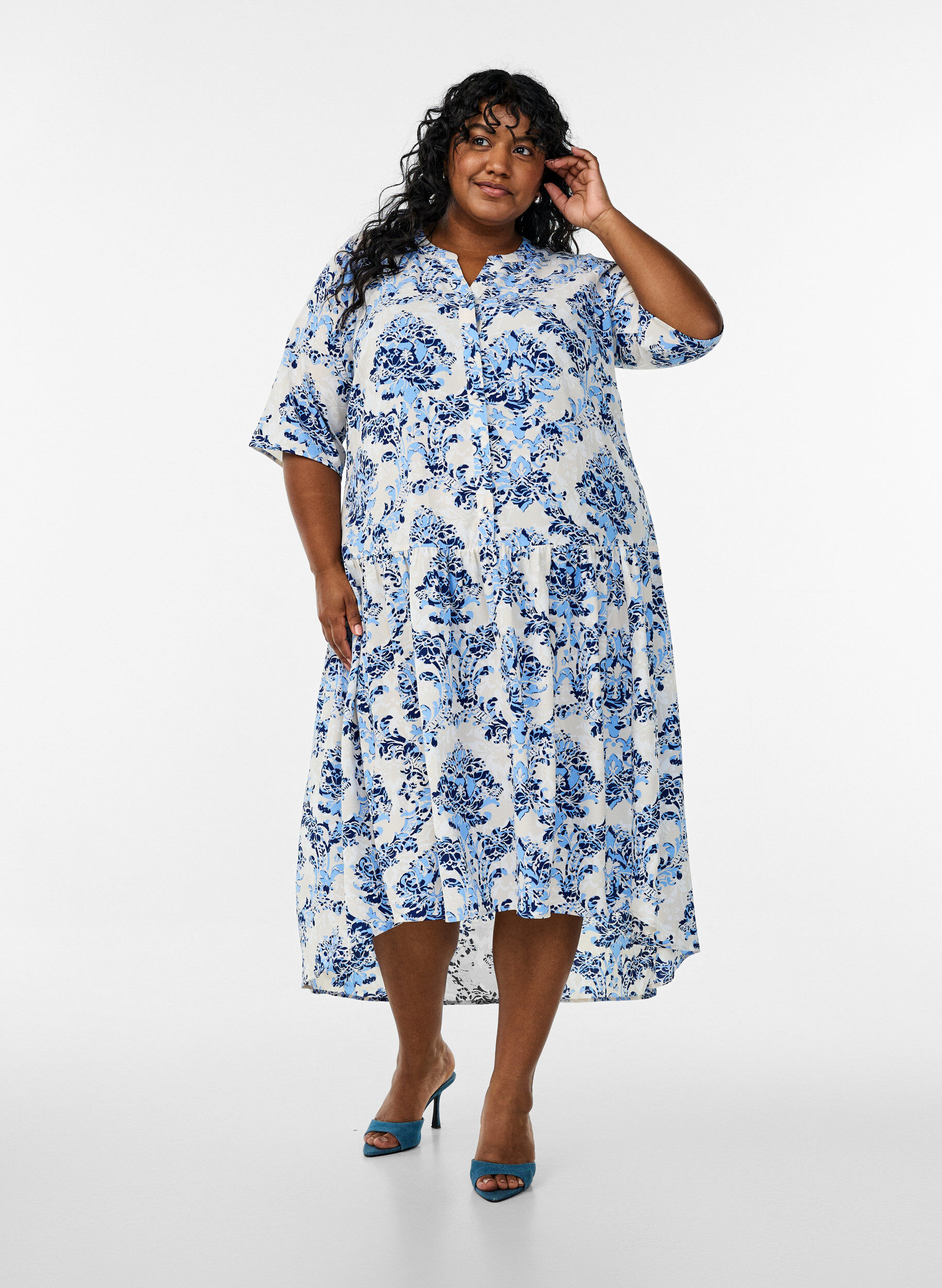 Zizzi Midikjole med A-facon og korte &aelig;rmer, Beige, Model image number 1