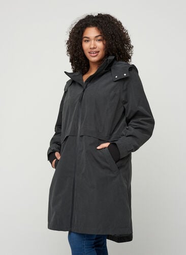 Vandtæt jakke med hætte og justerbar talje, Black, Model image number 0