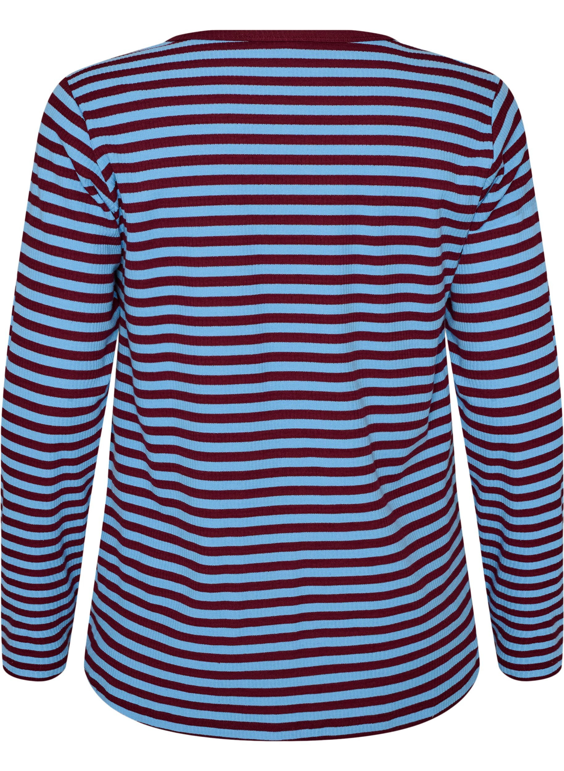 ZizziStribet bluse med lange &aelig;rmer, Bl&aring;, Packshot image number 1