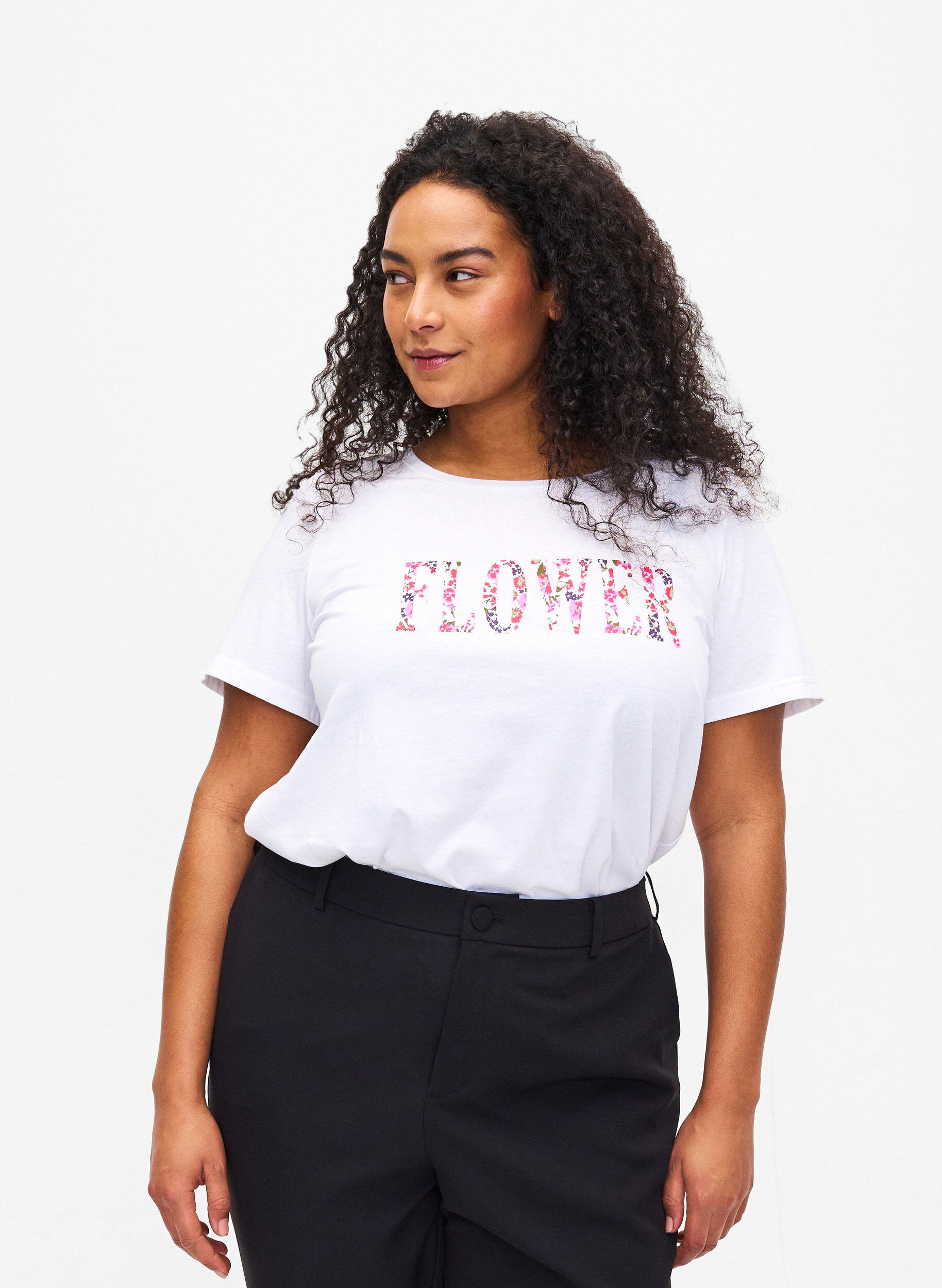 Zizzi Bomulds t-shirt med tekstprint, B. White w. Flower, Model image number 0