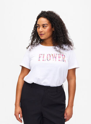 Bomulds t-shirt med tekstprint, B. White w. Flower, Model image number 0