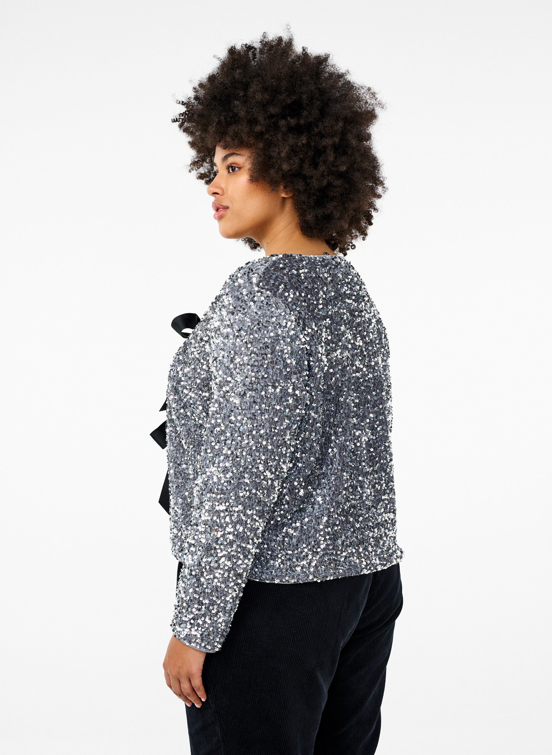 Zizzi Paillet bluse med bindedetaljer, Silver, Model image number 1