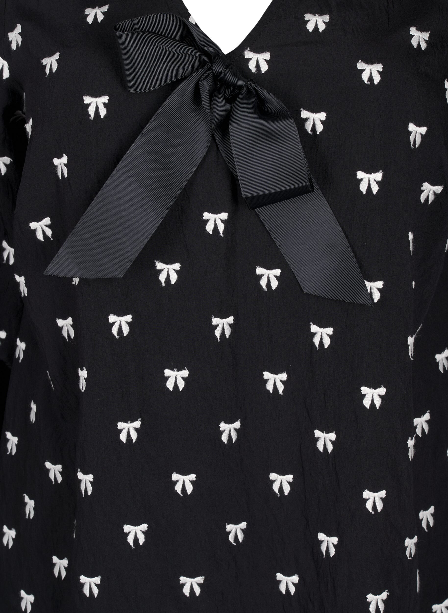 Zizzi Bluse med sl&oslash;jfer og 3/4 &aelig;rmer, Black White Bow, Packshot image number 2