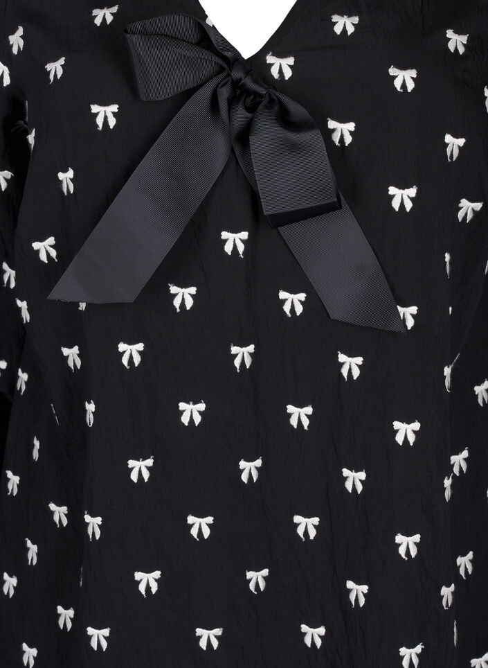 Bluse med sløjfer og 3/4 ærmer, Black White Bow, Packshot image number 2
