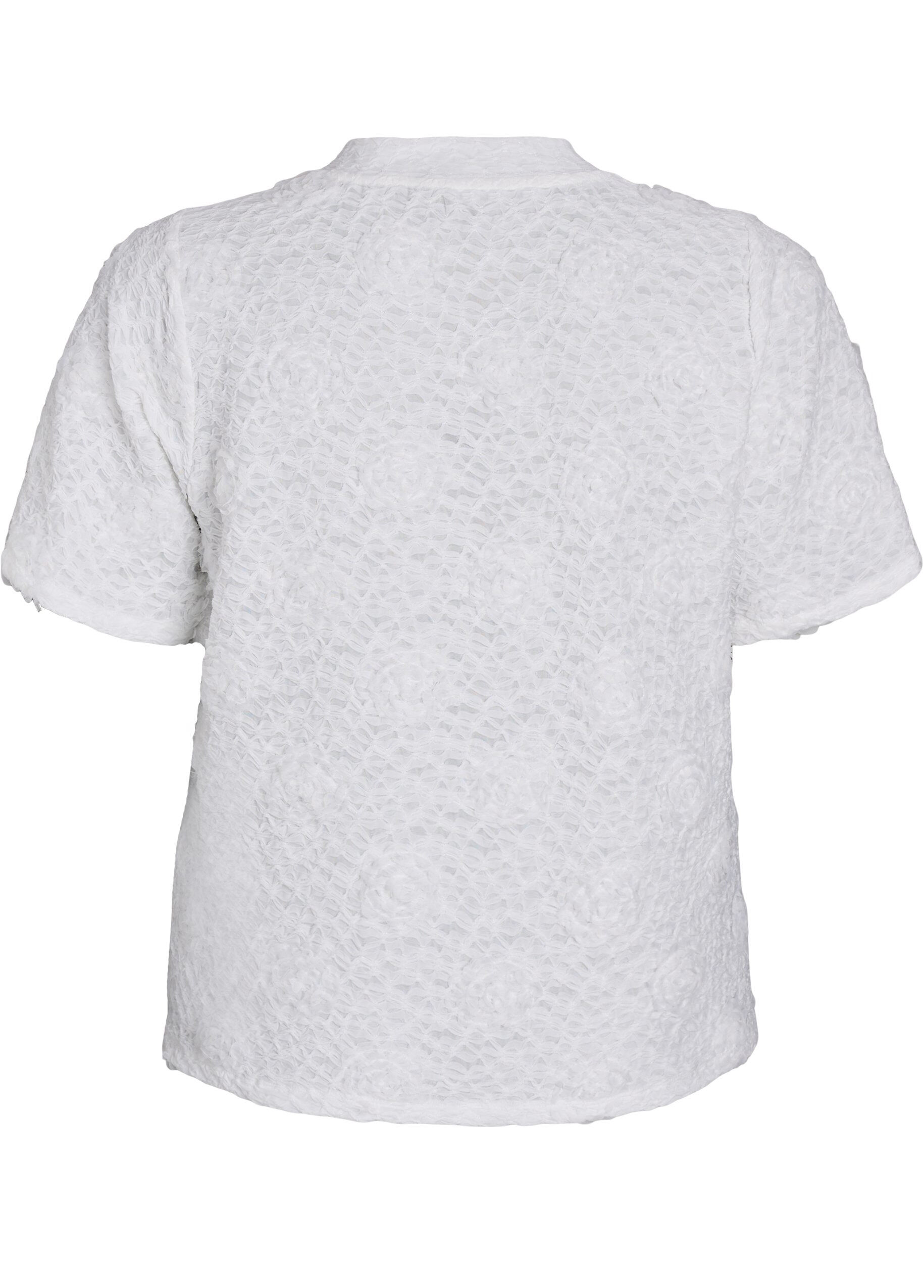 Zizzi Bluse med 3D blomster og korte &aelig;rmer, Hvid, Packshot image number 1