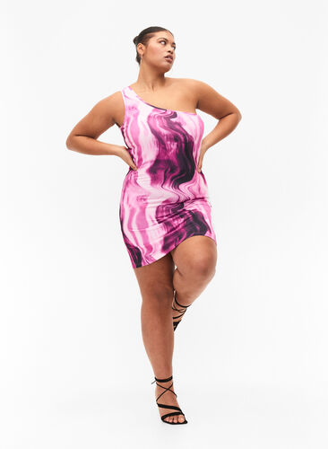 Tætsiddende one-shoulder kjole med print, Raspberry Rose AOP, Model image number 3