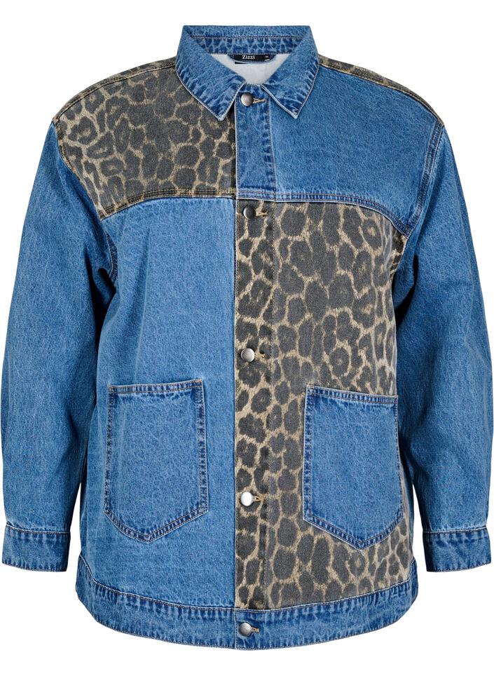 Denimskjorte med leopardprint-detaljer, Blå, Packshot image number 0