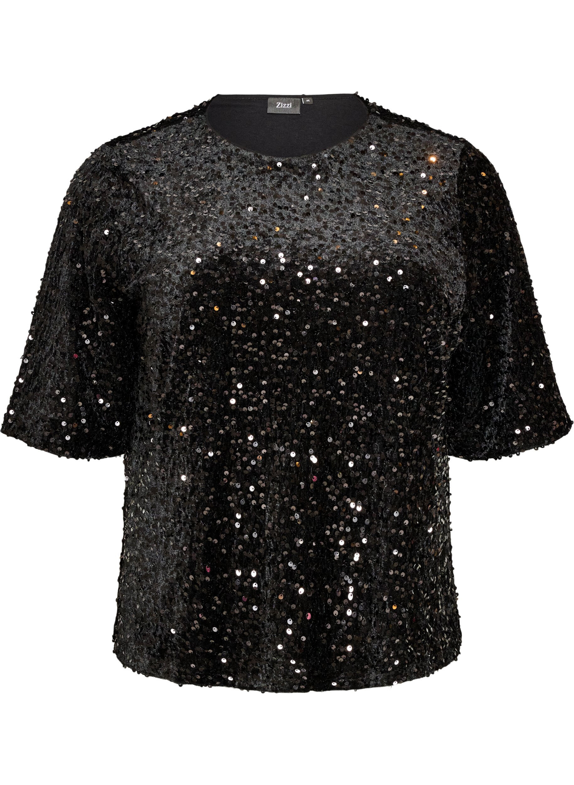 ZizziPailletbluse med albuelange &aelig;rmer, Sort, Packshot image number 0