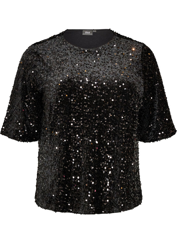 Pailletbluse med albuelange &aelig;rmer, Sort, Packshot image number 0