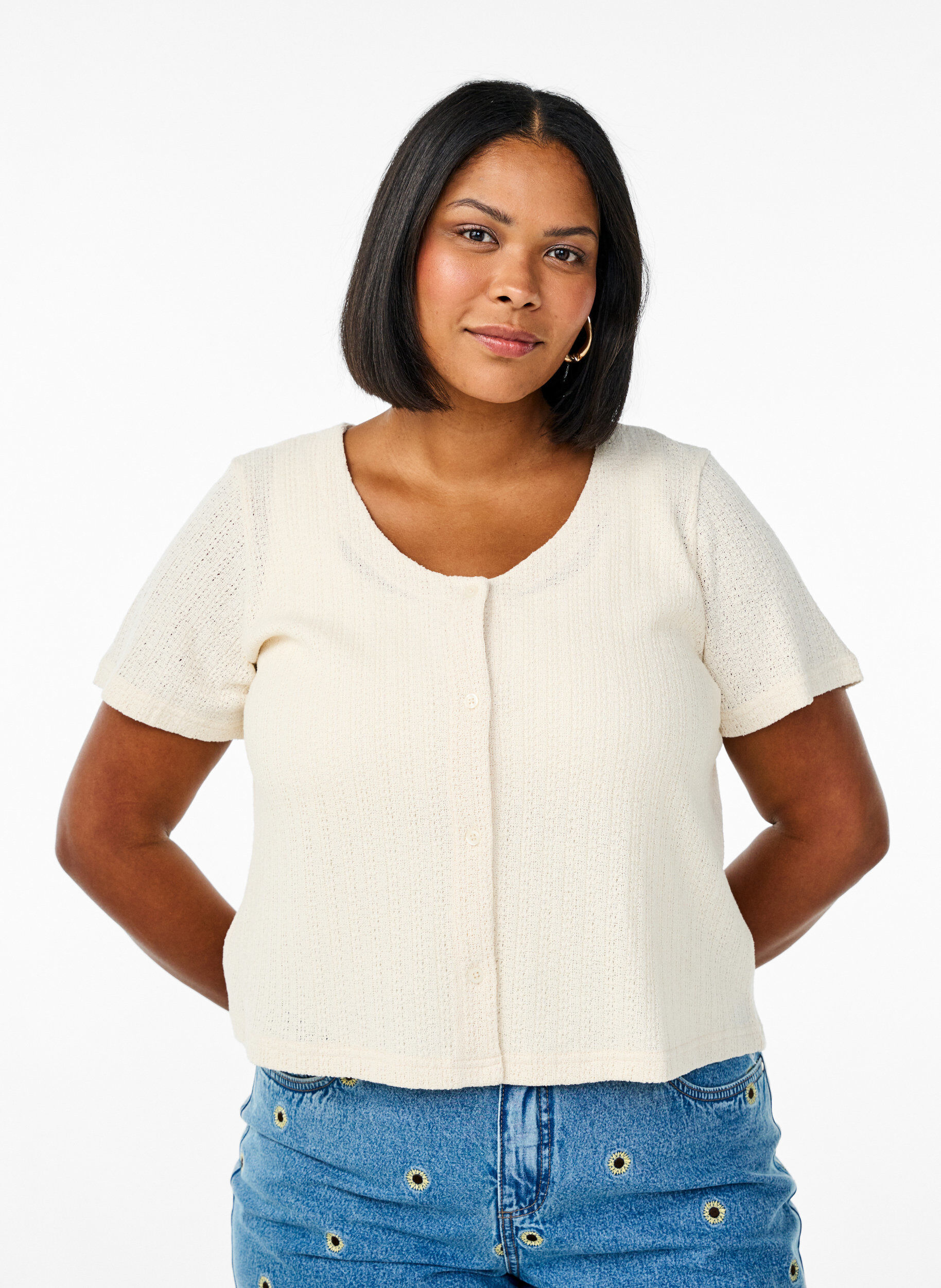 Zizzi Jerseycardigan med korte &aelig;rmer, Vanilla, Model image number 0